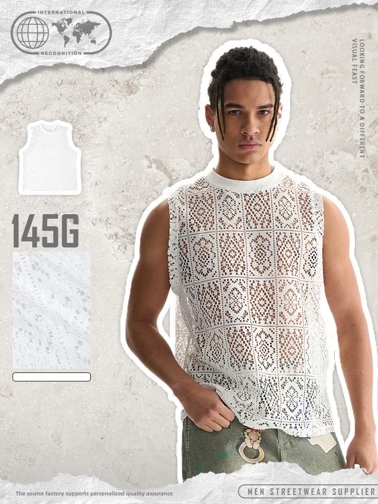 Men's Summer Casual Gym Vest Youth Sports Street Style Hollow Mesh Cool Knitted Weaving Solid Color Polyester Striped Print
