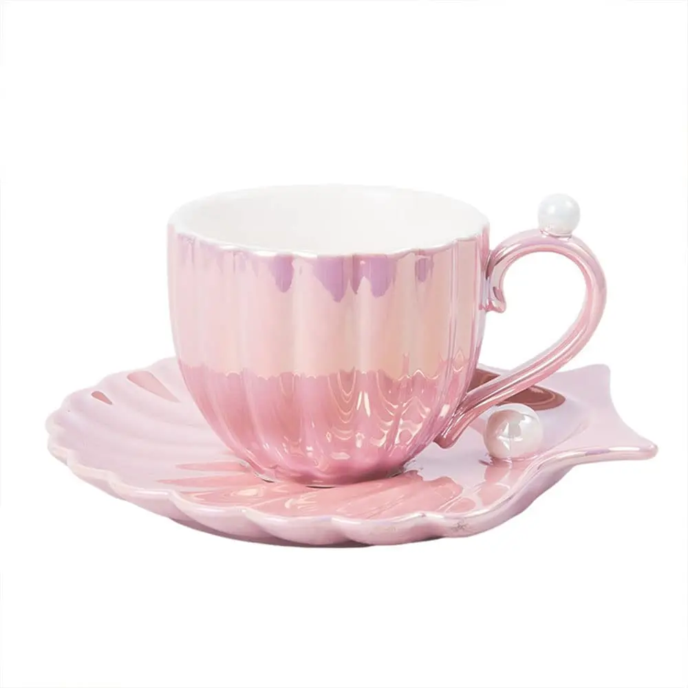 Elegant Mug Unique Pearl Shells Shapes Exquisite Coffee Cup and Saucer Set Ceramic Porcelain Tea Cup and Saucer 240ml supplier