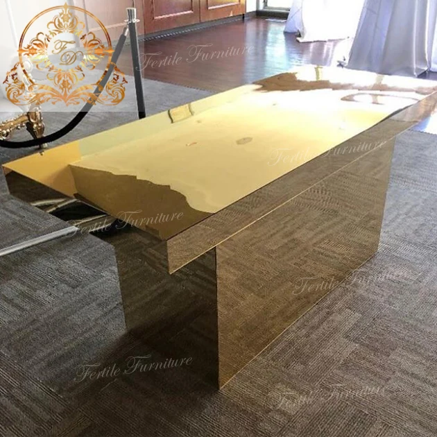 Luxury Stainless Steel Base Rectangle Golden Mirror Glass Table For ...