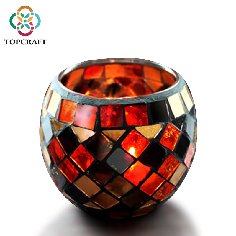 Handmade Red Orange Mosaic Glass Bowl Candle Holders Votive Tealight