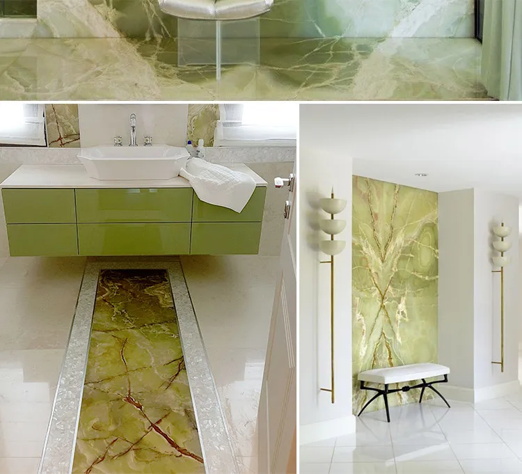 Bathroom interior floor and wall bookmatched polished natural light green onyx tile