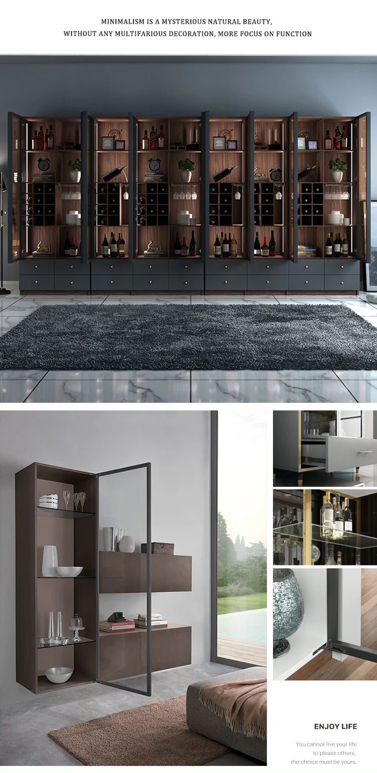 现代黄金古董法国餐厅豪华玻璃门客厅铝框葡萄酒展示柜