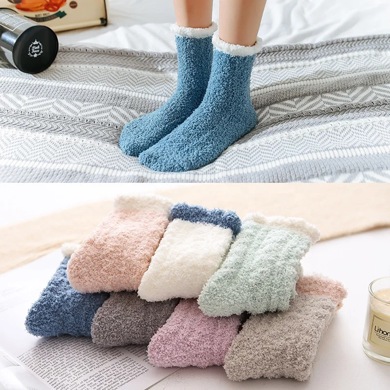 Women Cozy Winter Sleep Bed Socks Floor Home Fluffy Socks Coral Velvet ...