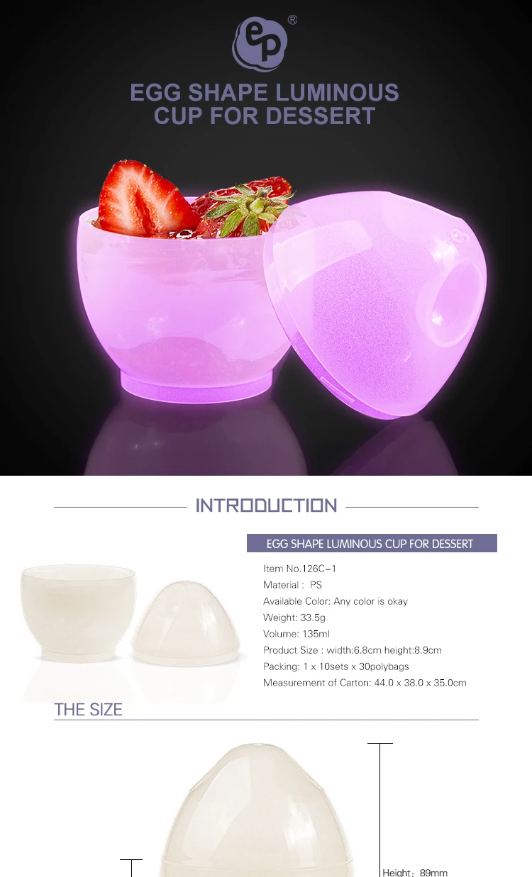 Europe-Pack new products colorful glowing dessert cup 135ml plastic egg shaped cup