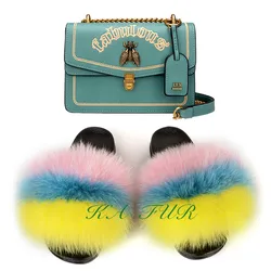 Wholesale High Quality fox fur Slipper and Jelly Purses Handbags satchel with Fur Slides slipper