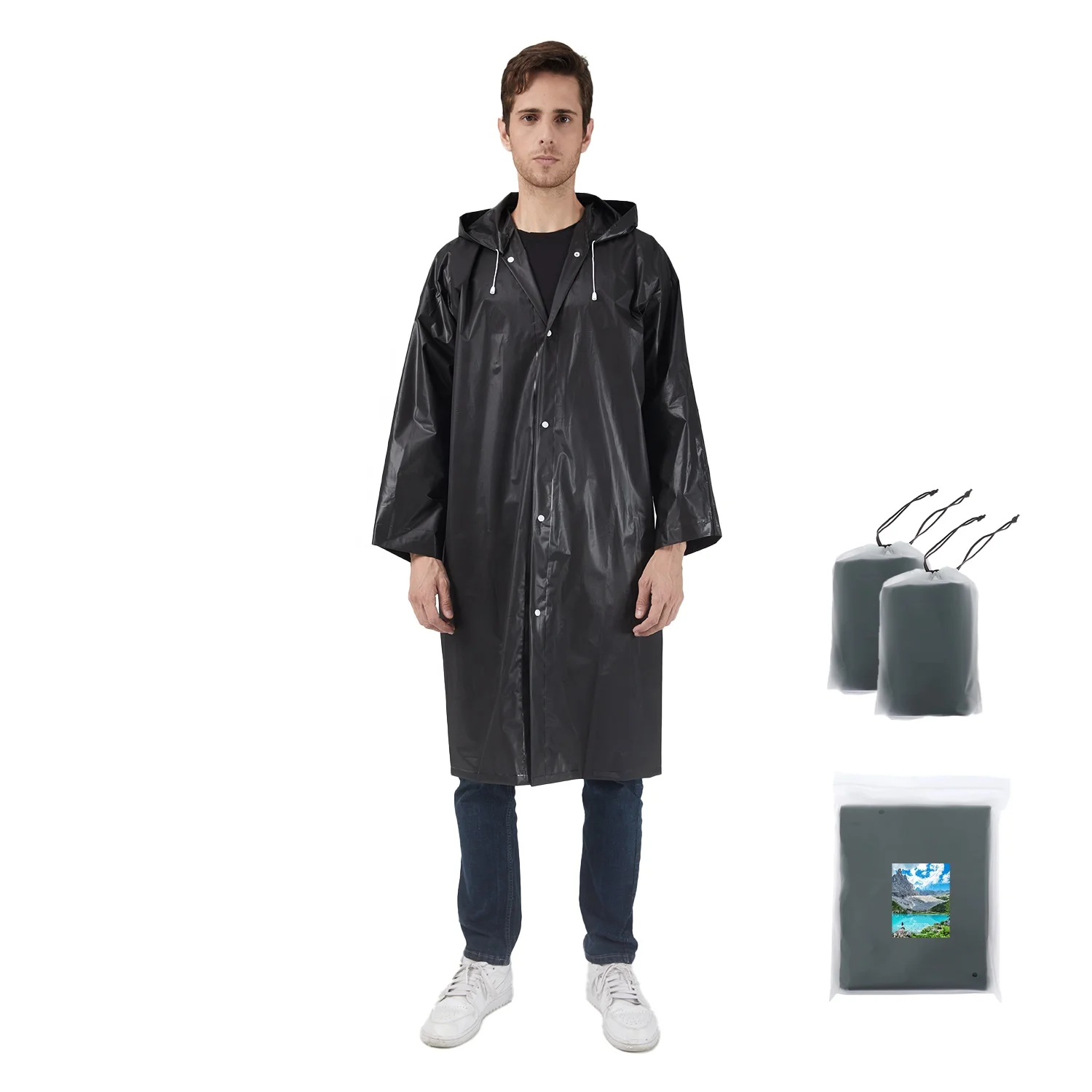 
2 pack black adult rain coat with compact drawstring bag EVA Rain Poncho for Women and Men, Reusable Raincoat 