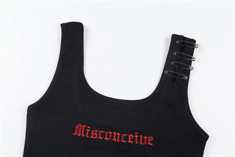 2020 Dropshipping Pin Embroidery Letter Black Crop Summer  Sexy Tops for Women Clubwear Gothic Punk Ripped Tank Tops