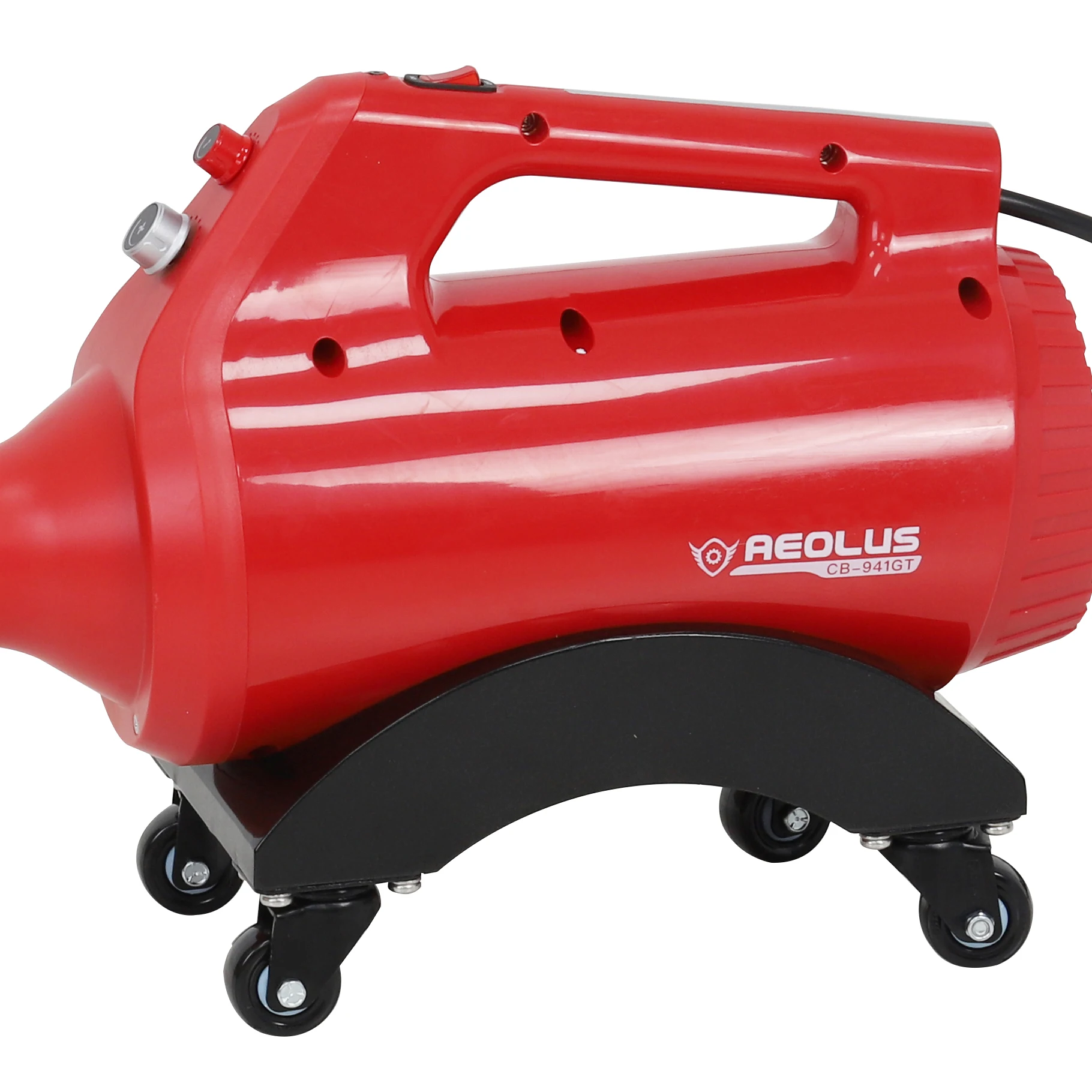 Side view of a cordless air blower car dryer with stubby nozzle held 6 inches from car door panel