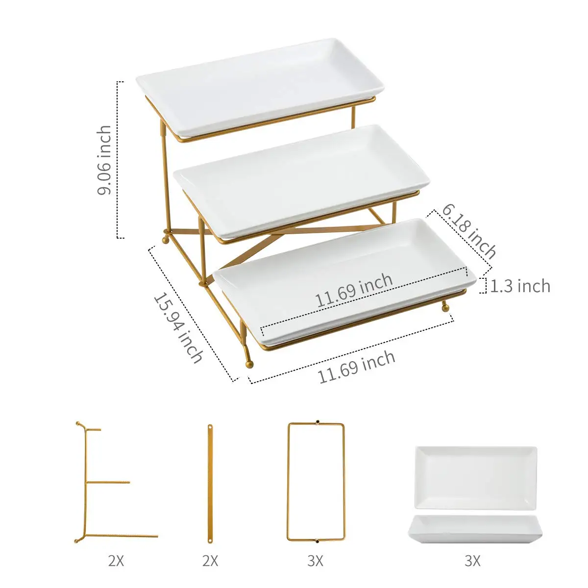 Hot Sale Ceramic 3 Tier Serving Stand with Porcelain Serving Platter Tier Trays with Collapsible Sturdier Rack Gold White Plate supplier