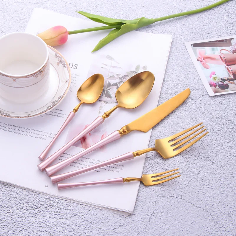 Gold Plated Flatware Set Pink Matte Stainless Steel Cutlery Knife Fork ...