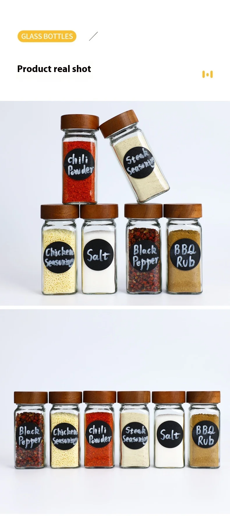 product glass spice jar 120ml bamboo and wood lid seasoning bottles 4oz square vanilla spice jars set-6