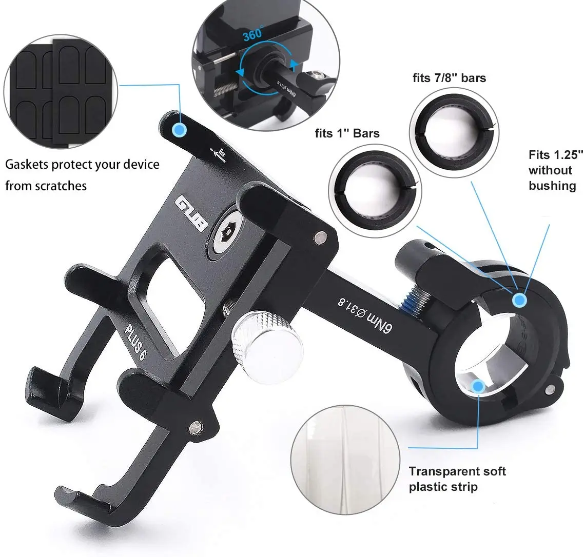 GUB Plus 6H Bicycle & Motorcycle Phone Mount Black Aluminum Alloy Bike Phone Holder with 360° Rotation for iPhone 11 Pro Max X XR Xs 7s 8 Plus for Samsung Note10/9 GPS Mount 4.0 to 7 Inch 