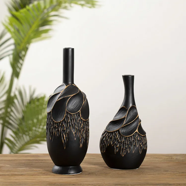 Retro classic showroom furnishings gold rim design black resin creative vase for rose flowerIMG_6771_.jpg