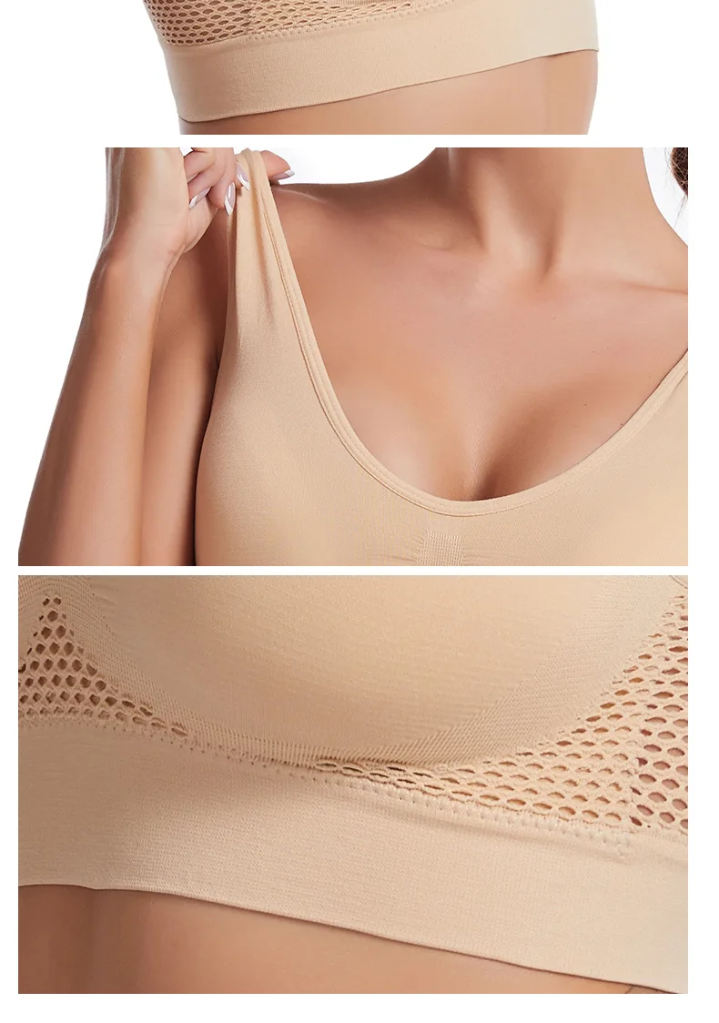 Women's Sports Bra Vest Large Size Yoga Sports Underwear Breathable Hollow Mesh Wire-Free Support Solid Pattern Summer-Thin