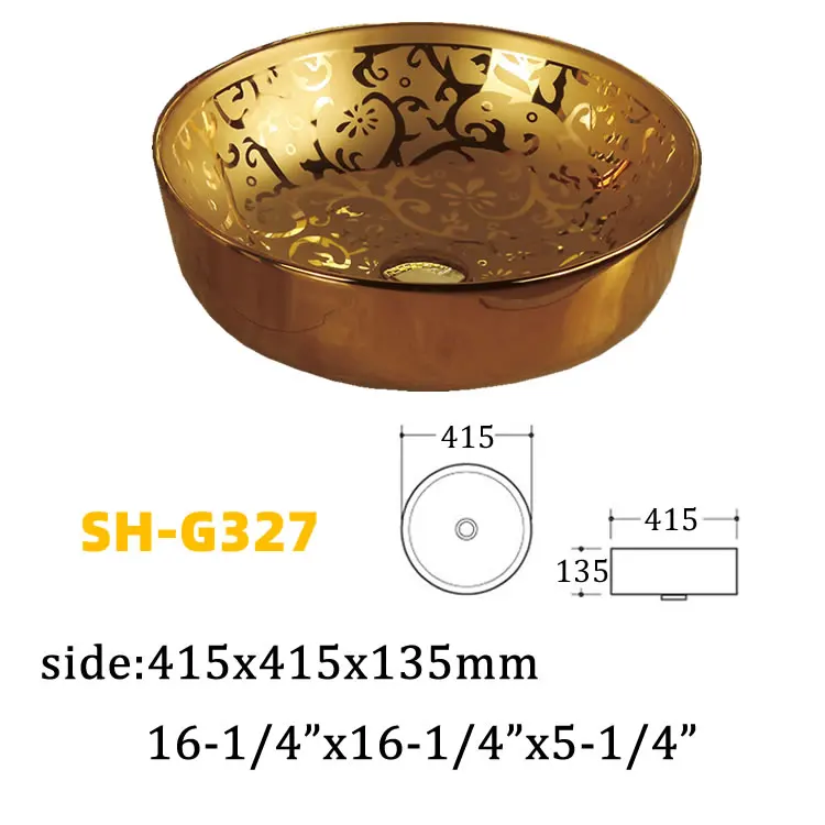 Middle East Style Round Flat Flower Decal Designs Counter Top Sink Ceramic  Golden Art Wash Hand Basin