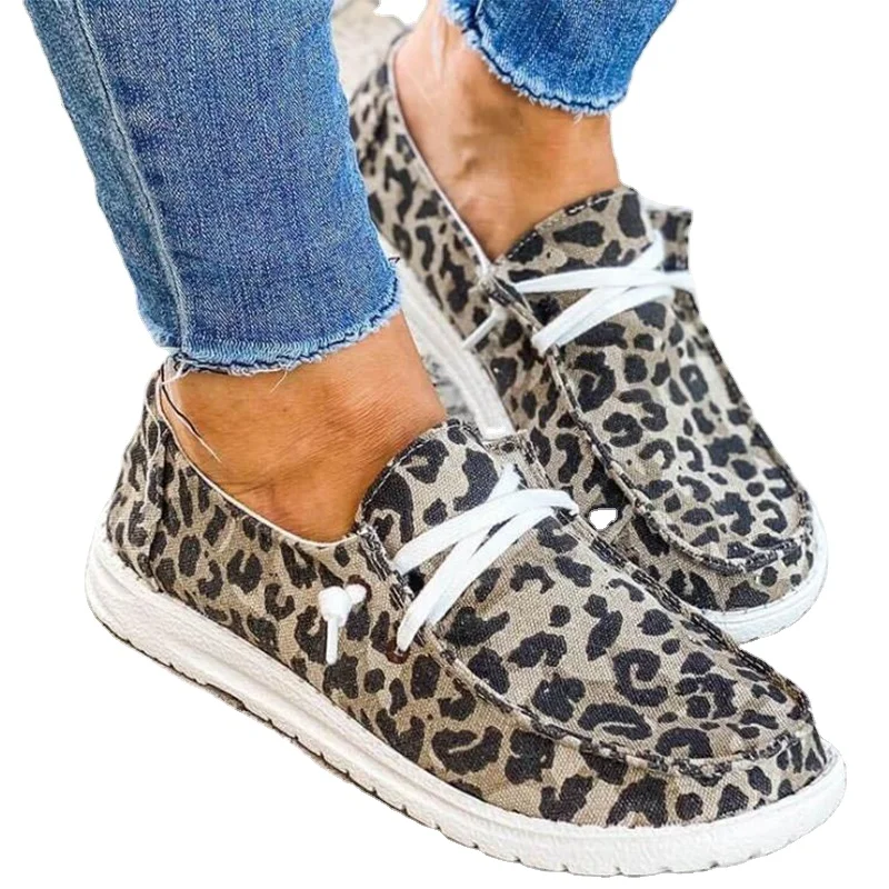 
Leopard Loafers Wholesale Women Fashion 2020 New Style Flat Lace-up Canvas Leopard Solid Color Loafers 