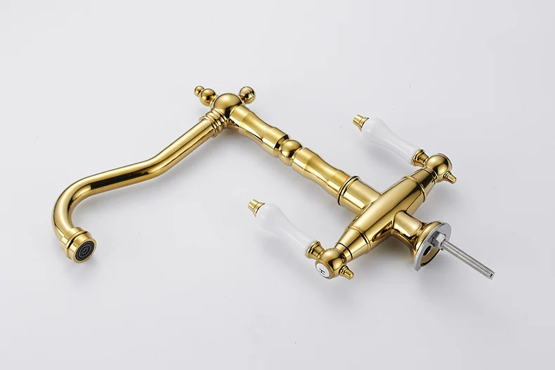 Golden Color Vintage Double Handles Brass Kitchen Sink Faucet Water Tap