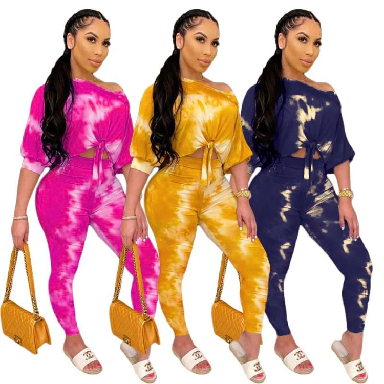 New Arrival Knot Tie Dye Off Shoulder Clothing Manufacturer 2 piece Jogger Two Piece Set Women Clothing  Sets