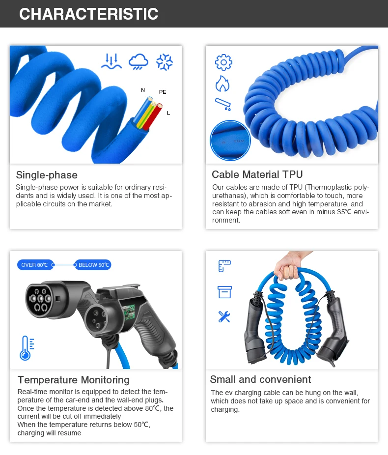 Electric Car Charging Cable 16a Ev Cable Coiled Spiral Evse Cable Type