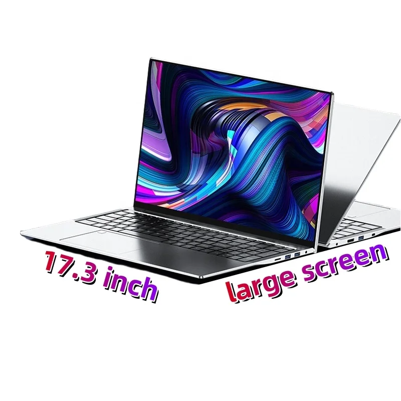 Front view of a slim 17.3-inch gaming laptop with RGB keyboard and matte black finish