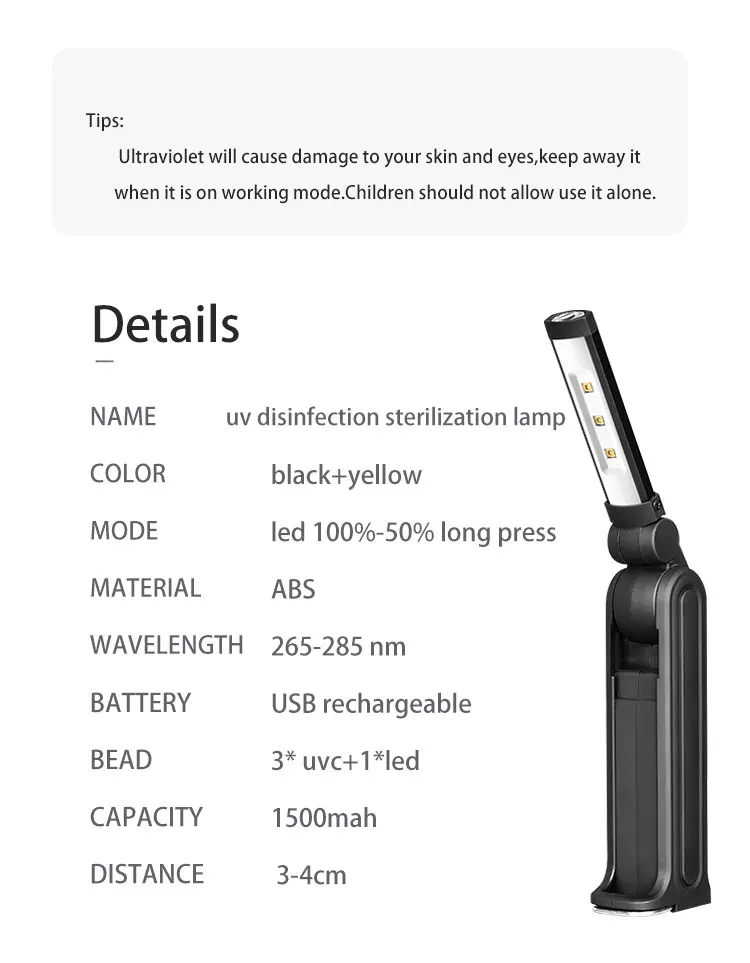 New safer sterilizer lamp Rechargeable ultraviolet lamps magnetic base 265-285nm uv disinfection lamp supplier