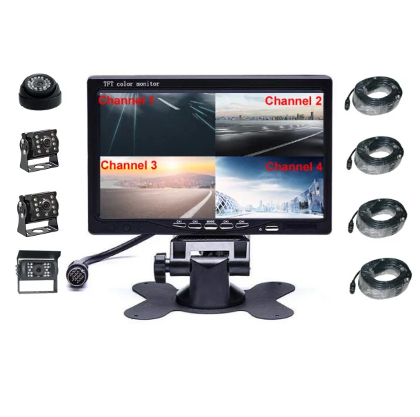 7 Inch IPS Quad 4CH Video Inputs Monitor With IP69K Waterproof IR Bus CCTV Camera 24V 36V