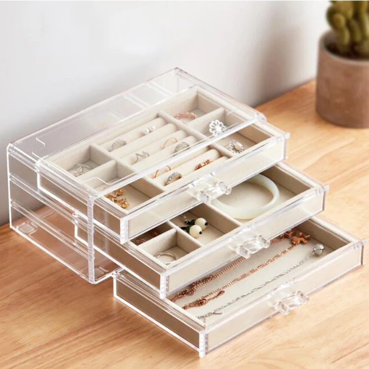 3 Drawers Acrylic Jewelry Box Velvet Jewellery Organizer Earring Rings ...