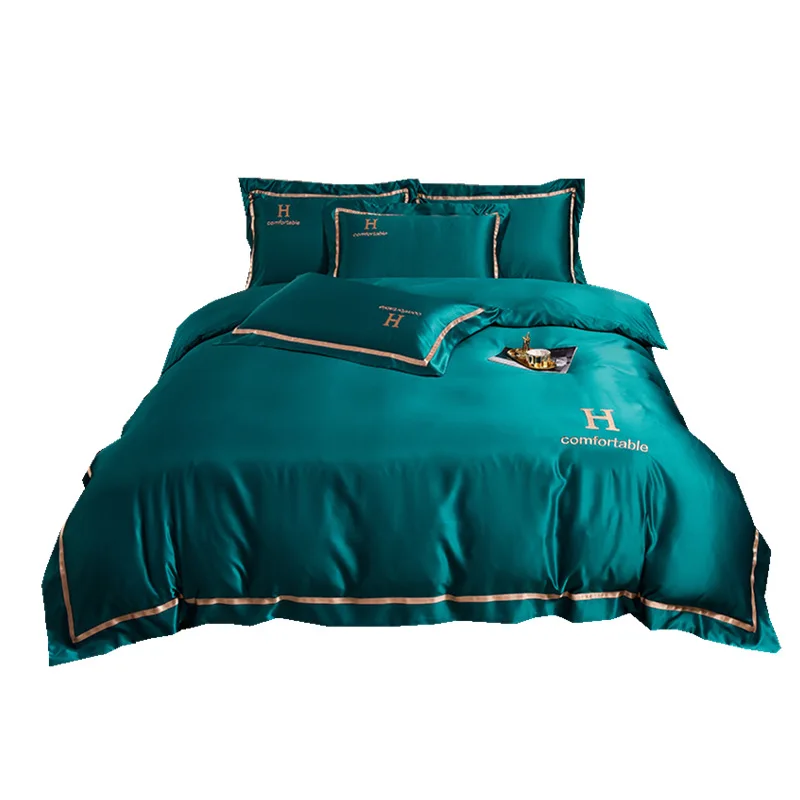 Custom Embroidered Polyester Silky Bedding Set High Luxury Solid Color