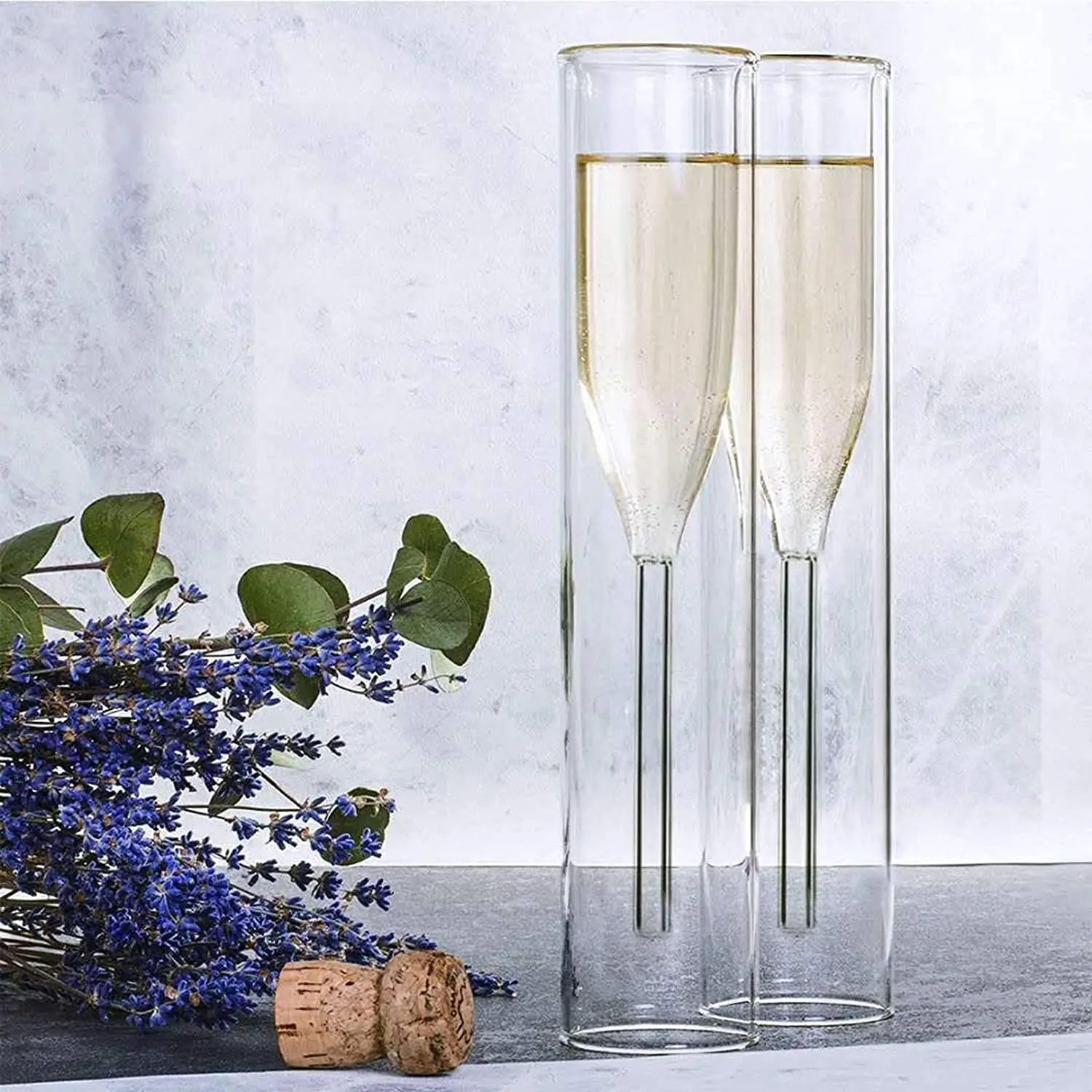 双壁香槟长笛经典郁金香杯无茎玻璃杯,用于婚礼和派对 