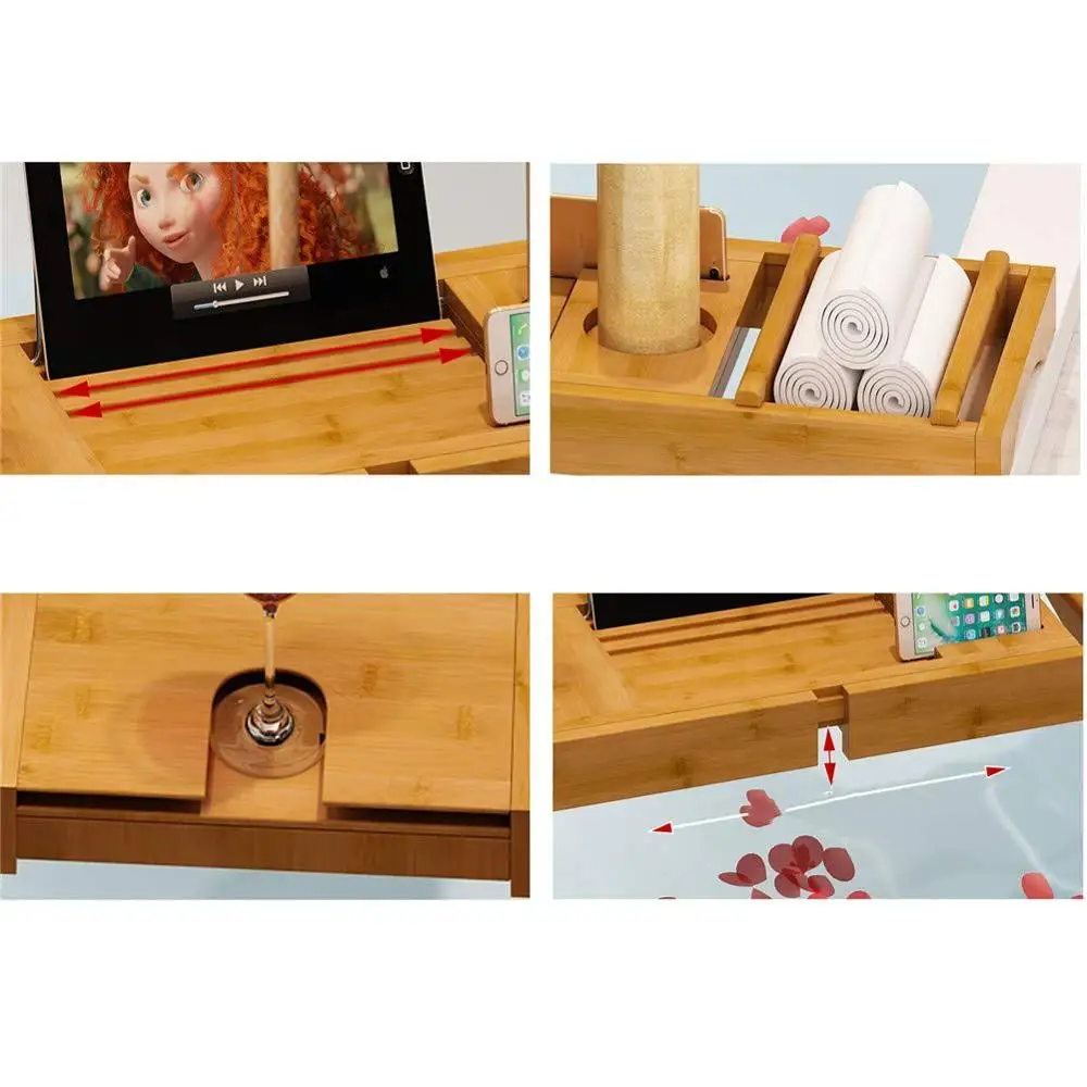 Wood Bamboo Luxury Bath Caddy For Your Book,Tablet Or Smartphone