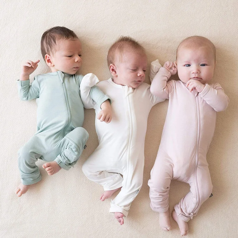 Unisex Bamboo Baby Clothes Kids Footed Zipper Pajamas Sleepers Solid
