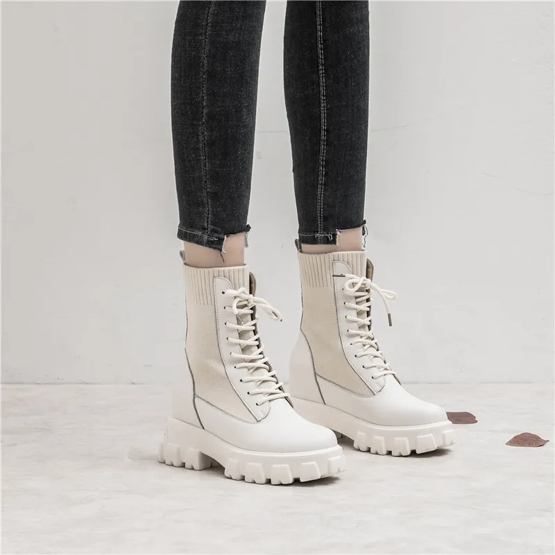 Genuine Leather Women Stretch Chunky Ankle Boots 2020 new arrival Spring Fashion Women Platform Female footwear Ladies shoes