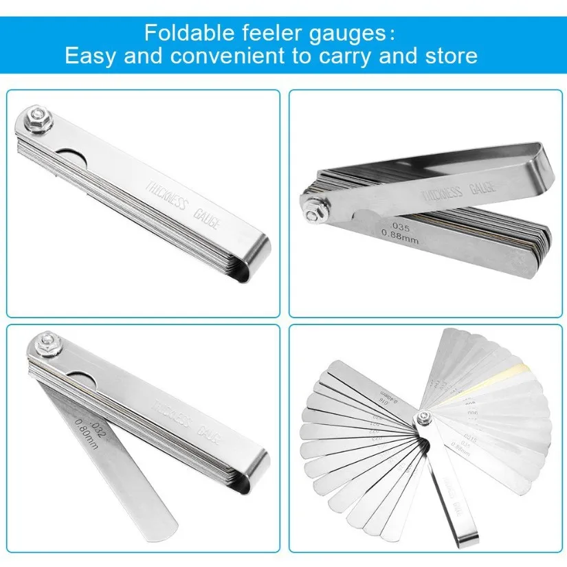 CAMWAY 32PCS Blades Steel Feeler Gauge 0.0015-0.035 inch/ 0.04-0.88mm Dual Marked Metric and Imperial Gap Measuring Tool CAMWAY 32PCS Blades Steel Feeler Gauge 0.0015-0.035 inch/ 0.04-0.88mm Dual Marked Metric and Imperial Gap Measuring Tool