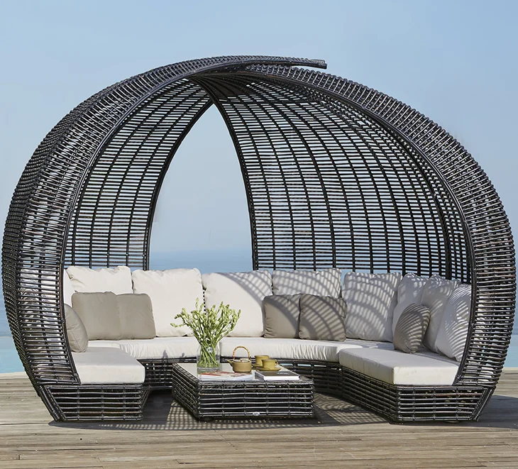 European style outdoor wicker round shape sofa with canopy