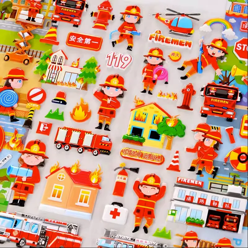 Firefighter Bubble Sticker 3d Fire Truck Children's Cartoon Puffy ...
