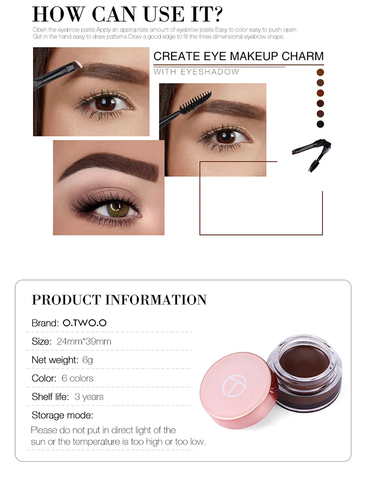 Otwoo Eyebrow Gel Tint 6 Colors Makeup Pomade Brush Kit Brown Eye Brow