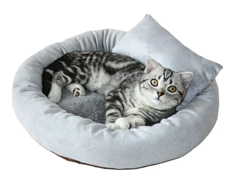 
2020 solid color wholesale faux fur round shape cute cat dog pet bed with cushion 