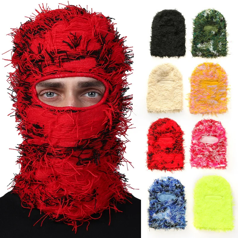 Uxcell Distressed Balaclava Ski Mask Camo Knitted Full Face Cover Red/White