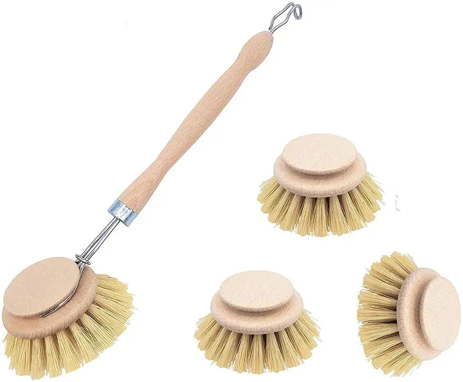 Set of 4 dish Brushes Wooden Kitchen Brushes with Handle Wood - Wooden Pan & Pot Cleaning Brush with Replaceable Head