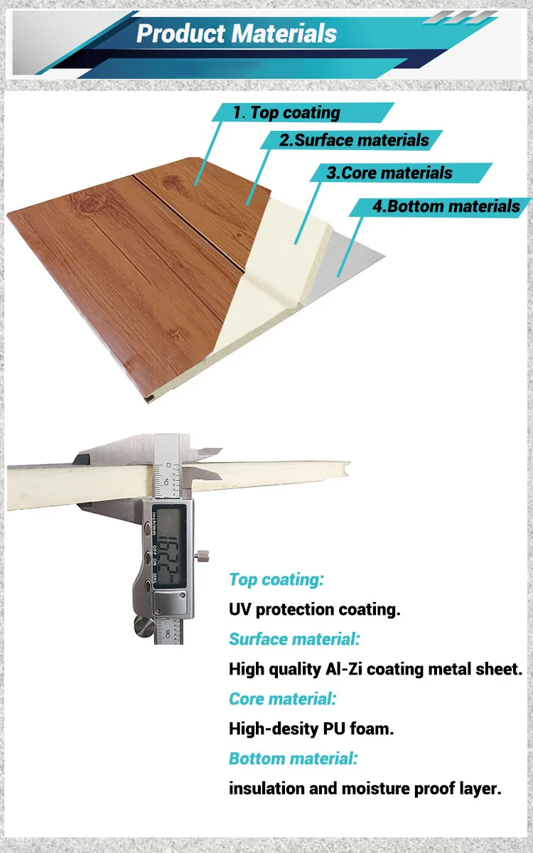 Soffit ceiling exterior wall polyurethane foam sandwich panels wood grain wall siding panel for house manufacture