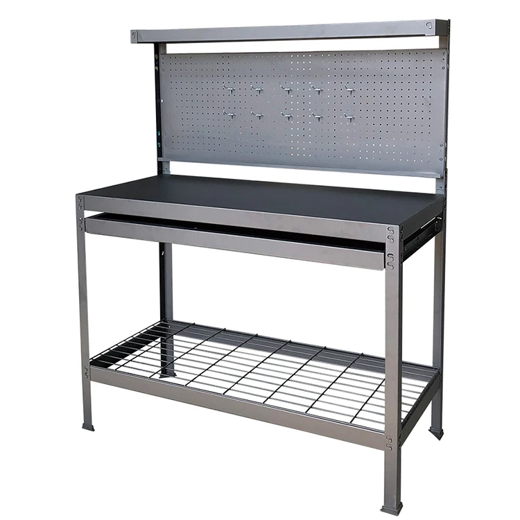 
Sturdy storage work bench metal pegboard workshop table with drawer and wire shelf 