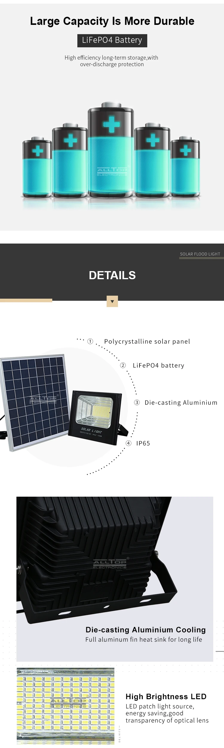 ALLTOP Intelligent 50w 100w 150w 200w Outdoor IP65 Waterproof Sensor LED Solar Flood Light