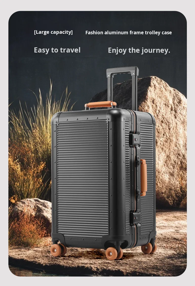 High-end New Design PC Aluminum Frame Suitcase Spinner Trolley Case 28 in Luggage Anti-drop Travel Case TSA Lock Leather Handle manufacture
