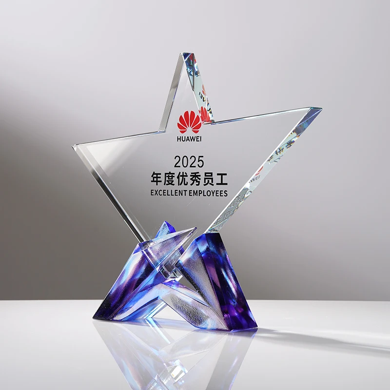 High-Grade Blue Star Crystal LiuLi Award Trophy UV Printed Souvenir Business Gift for Insurance Trade Show Giveaways-Wholesale factory