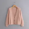 Women's Lantern Sleeve V-neck Cardigan Long Sleeve Single-breasted Solid Color Sweater