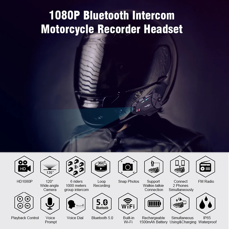 1KM R1 Plus Motorcycle Intercom & Recorder Camera Helmet Headset DVR Interphone 