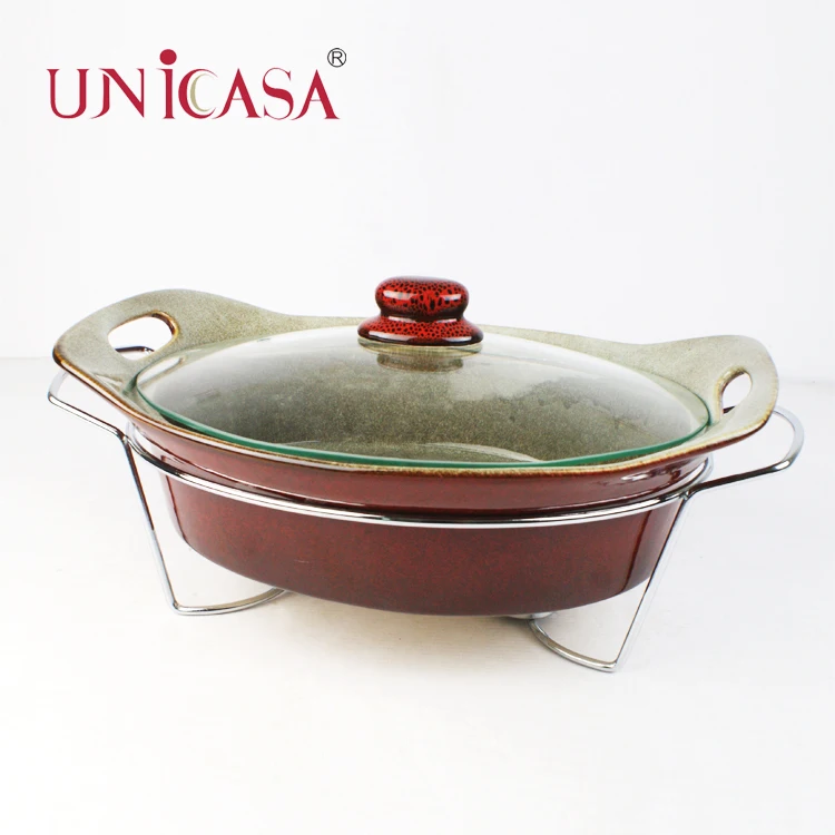 12.5'' Ceramic Rectangular Gild Casserole With Glass Lid 1.75qt