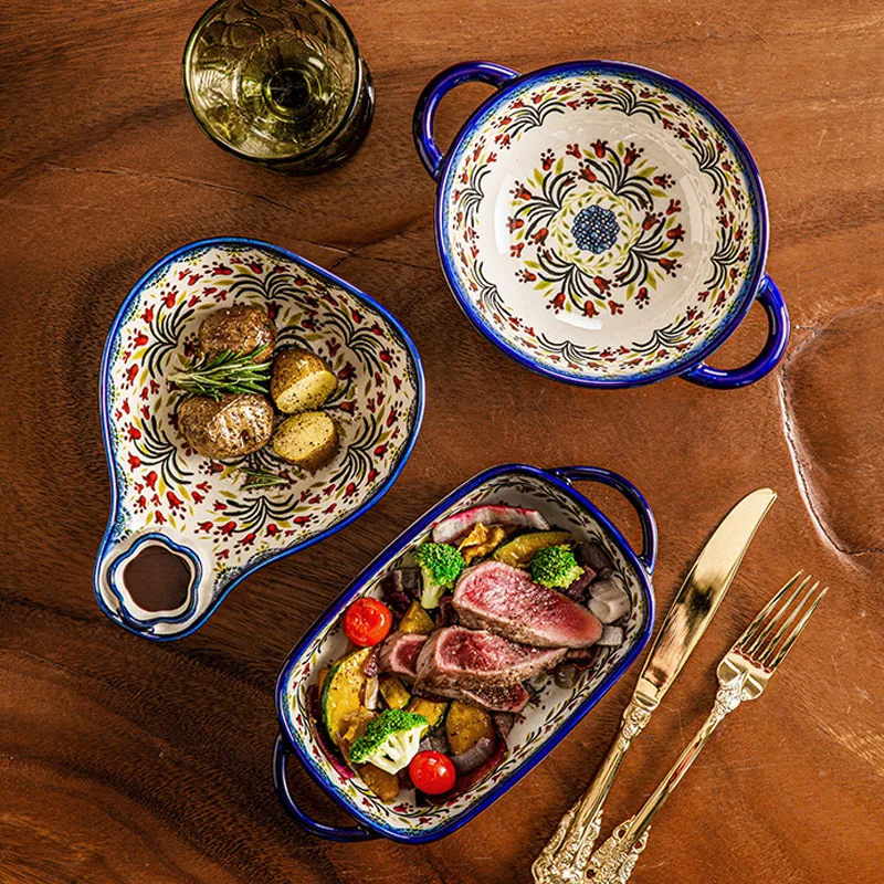 Ceramic Bakeware Polish Style Baking Brownie Cake Pan with Handle Ceramic Dinnerware Home Kitchen Utensils manufacture