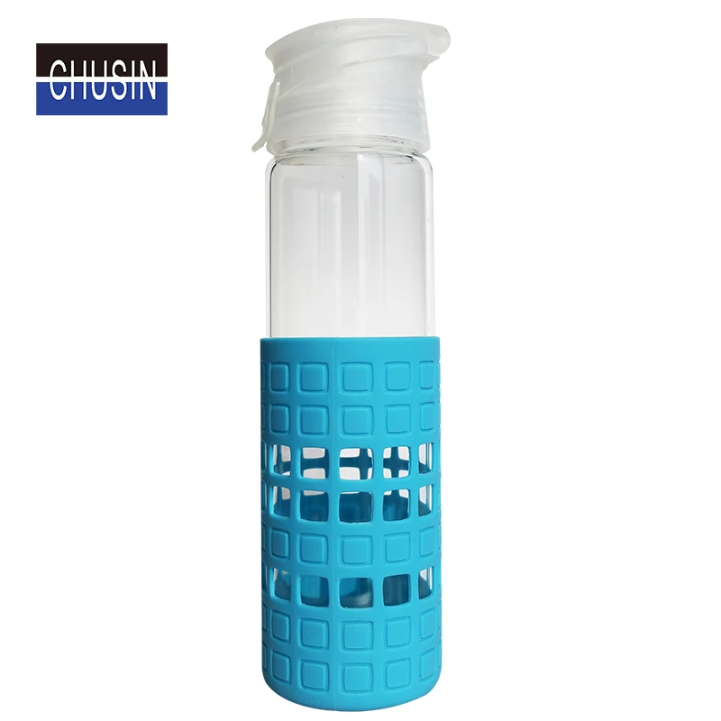 
New 580ML Square Hollowed-out Silicone Peacock Blue Sleeves Water Bottle Glass Bottle with Plastic Lid Cover 