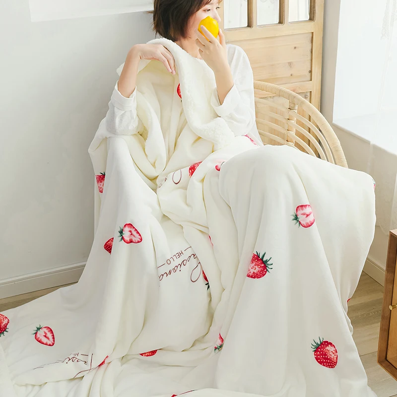 Ins Small Fresh Style White Strawberry Pattern Lambskin Double Layer Good Sleeping Warm Winter Blanket